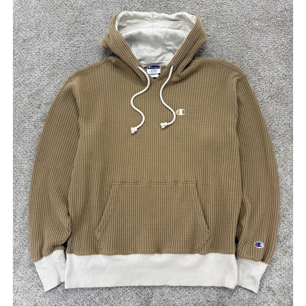 Champion Wide Rib Waffle Knit Hoodie Sweatshirt Mens Large Light Brown Pullover